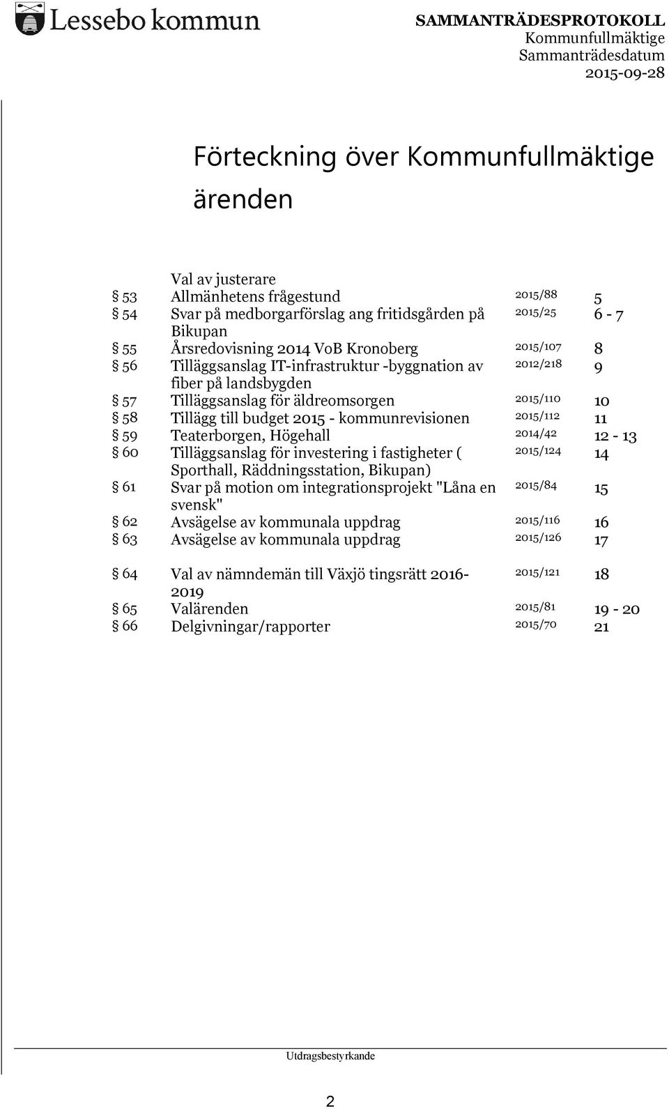 Teaterborgen, Högehall 2014/42 12-13 60 Tilläggsanslag för investering i fastigheter ( 2015/124 14 Sporthall, Räddningsstation, Bikupan) 61 Svar på motion om integrationsprojekt "Låna en 2015/84 15