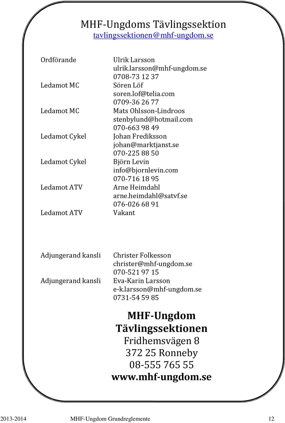 se 070-2258850 Björn Levin info@bjornlevin.com 070-7161895 Arne Heimdahl arne.heimdahl@satvf.se 076-0266891 Vakant Adjungerand kansli Christer Folkesson christer@mhf-ungdom.