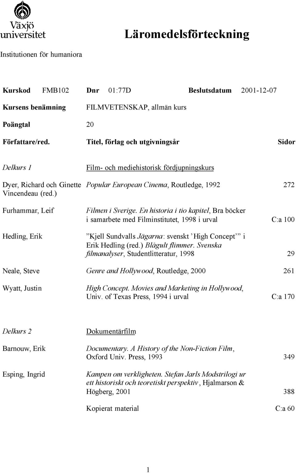 ) Furhammar, Leif Hedling, Erik Film- och mediehistorisk fördjupningskurs Popular European Cinema, Routledge, 1992 272 Filmen i Sverige.