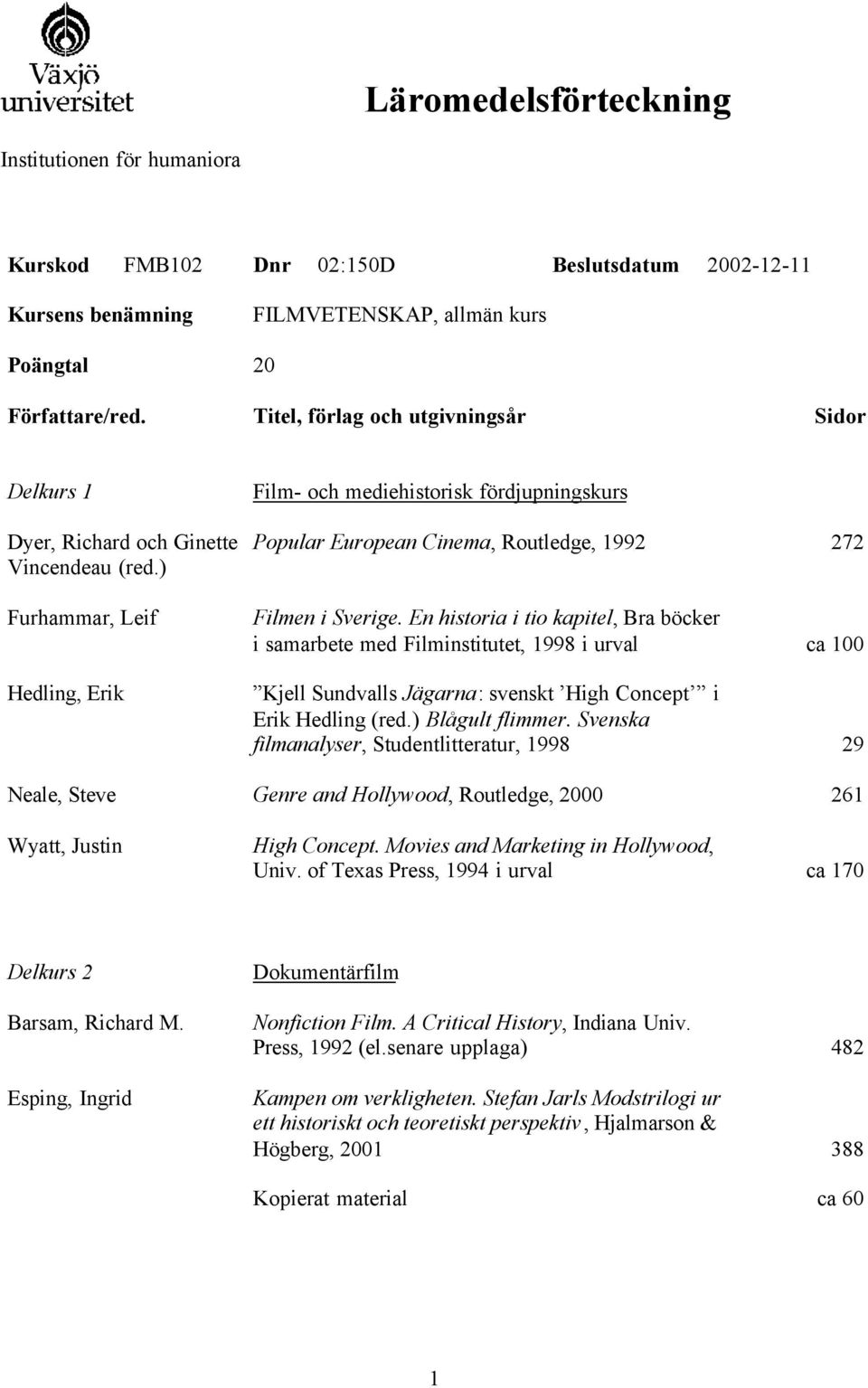 ) Furhammar, Leif Hedling, Erik Film- och mediehistorisk fördjupningskurs Popular European Cinema, Routledge, 1992 272 Filmen i Sverige.