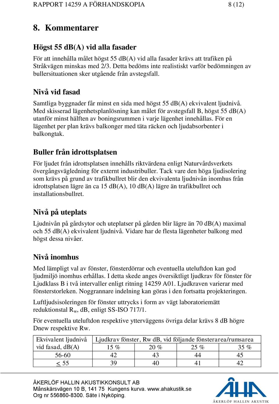 Med skisserad lägenhetsplanlösning kan målet för avstegsfall B, högst 55 db(a) utanför minst hälften av boningsrummen i varje lägenhet innehållas.