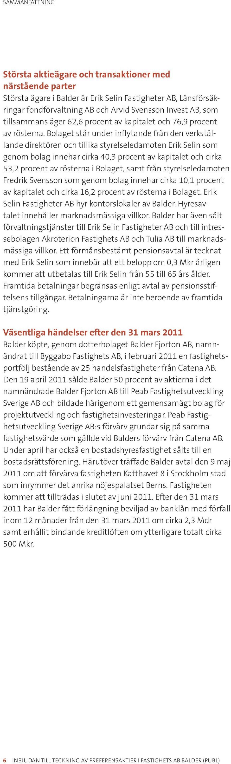Bolaget står under inflytande från den verkställande direktören och tillika styrelseledamoten Erik Selin som genom bolag innehar cirka 40,3 procent av kapitalet och cirka 53,2 procent av rösterna i