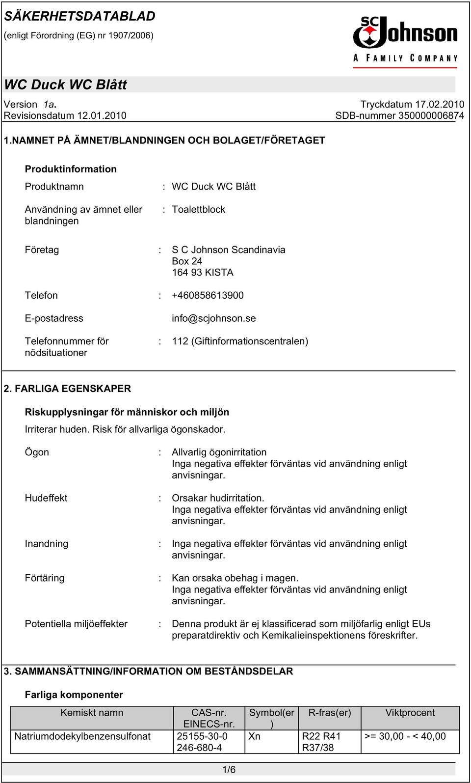 Risk för allvarliga ögonskador. Ögon : Allvarlig ögonirritation Hudeffekt : Orsakar hudirritation. Inandning : Förtäring : Kan orsaka obehag i magen.