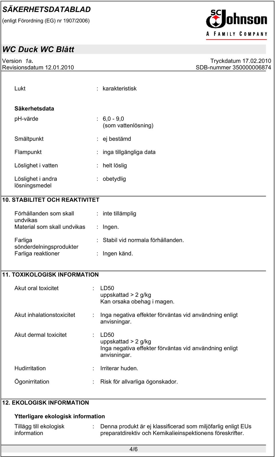 : Stabil vid normala förhållanden. : Ingen känd. 11. TOXIKOLOGISK INFORMATION Akut oral toxicitet : LD50 uppskattad > 2 g/kg Kan orsaka obehag i magen.