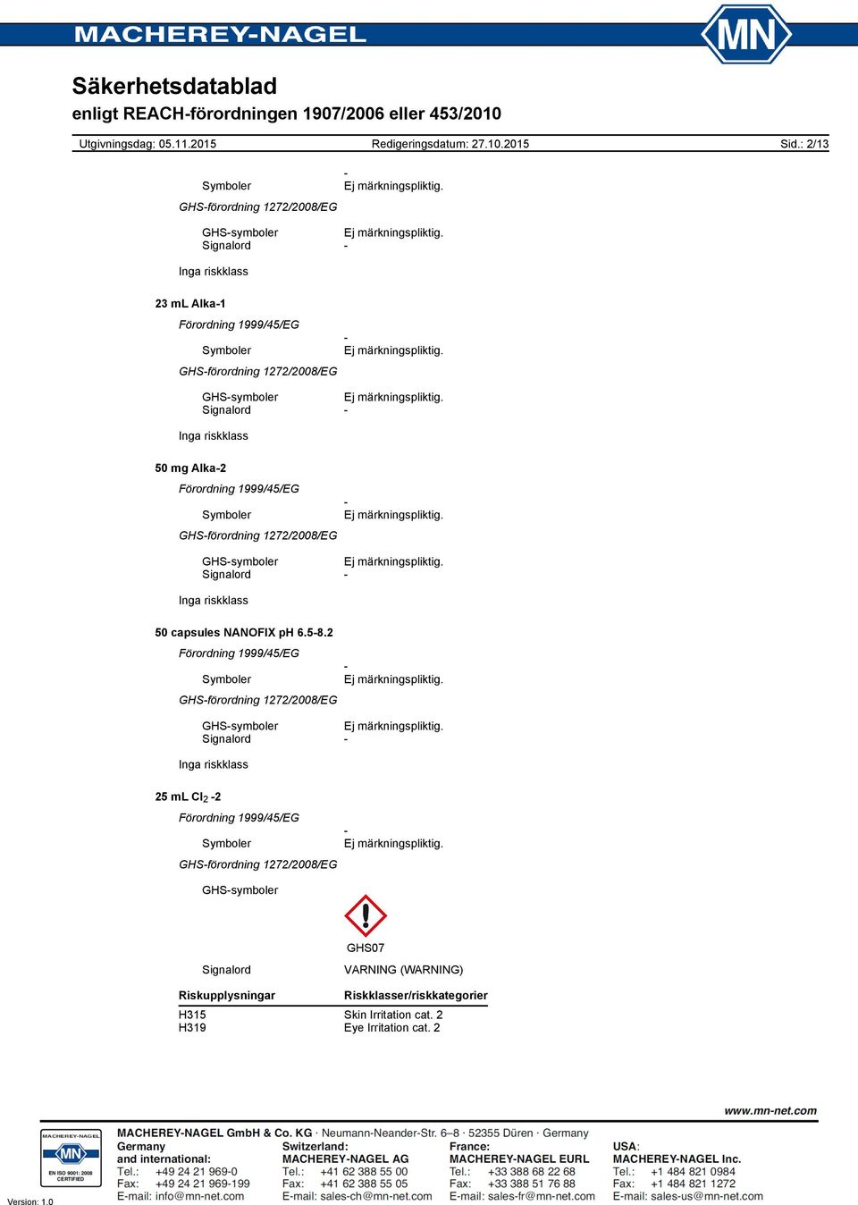 riskklass 50 mg Alka2 GHSförordning 1272/2008/EG GHSsymboler Signalord Inga riskklass 50 capsules NANOFIX ph 6.58.