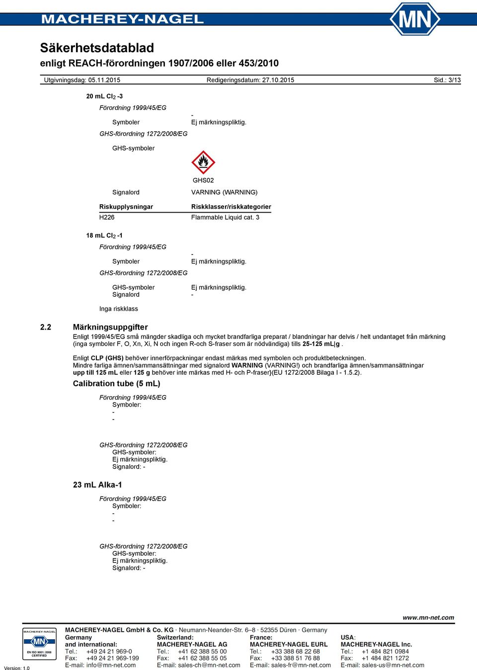 3 18 ml Cl 2 1 GHSförordning 1272/2008/EG GHSsymboler Signalord Inga riskklass 2.