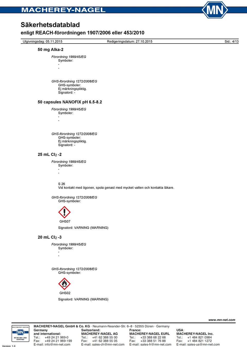 2 25 ml Cl 2 2 GHSförordning 1272/2008/EG GHSsymboler: Signalord: S 26 Vid kontakt med ögonen, spola genast med