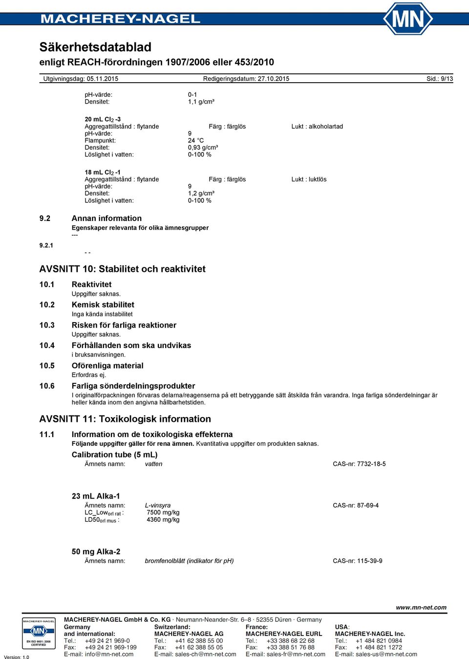 2 1 Aggregattillstånd : flytande Färg : färglös Lukt : luktlös phvärde: 9 Densitet: 1,2 g/cm³ Löslighet i vatten: 0100 % 9.2 Annan information Egenskaper relevanta för olika ämnesgrupper 9.2.1 AVSNITT 10: Stabilitet och reaktivitet 10.