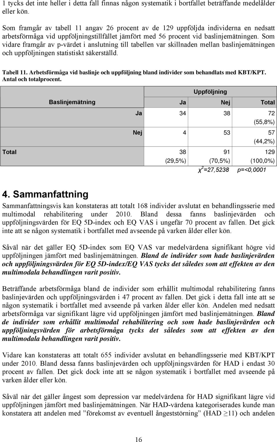 Som vidare framgår av p-värdet i anslutning till tabellen var skillnaden mellan baslinjemätningen och uppföljningen statistiskt säkerställd. Tabell 11.