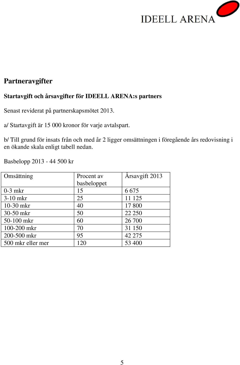 b/ Till grund för insats från och med år 2 ligger omsättningen i föregående års redovisning i en ökande skala enligt tabell nedan.