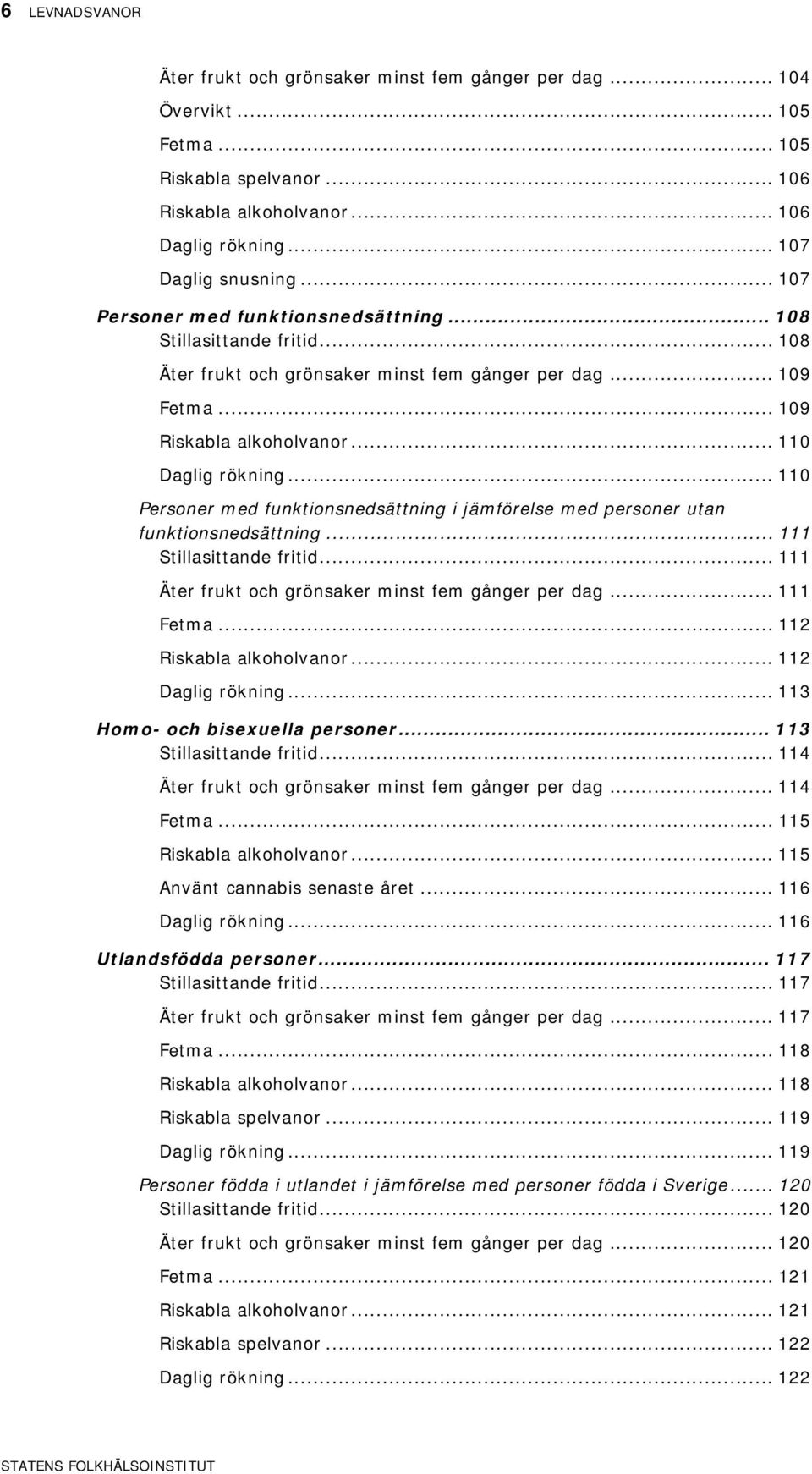 .. 11 Personer med funktionsnedsättning i jämförelse med personer utan funktionsnedsättning... 111 Stillasittande fritid... 111 Äter frukt och grönsaker minst fem gånger per dag... 111 Fetma.