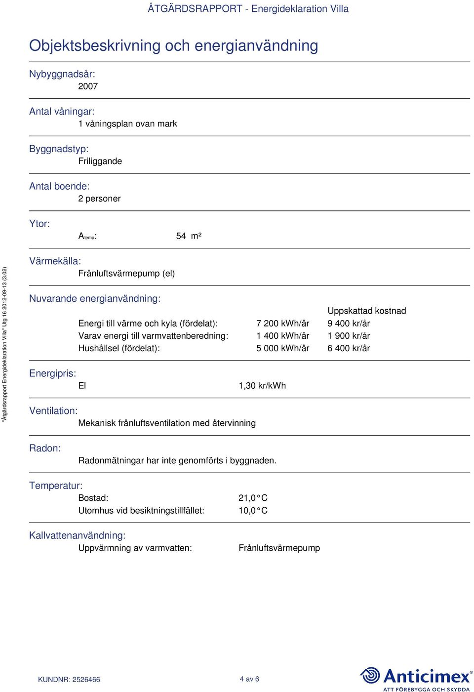 kwh/år 1 900 kr/år Hushållsel (fördelat): 5 000 kwh/år 6 400 kr/år Energipris: El Ventilation: Mekanisk frånluftsventilation med återvinning 1,30 kr/kwh Radon: Radonmätningar har