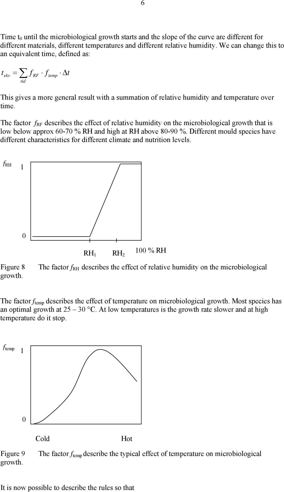 The factor f RF describes the effect of relative humidity on the microbiological growth that is low below approx 60-70 % RH and high at RH above 80-90 %.