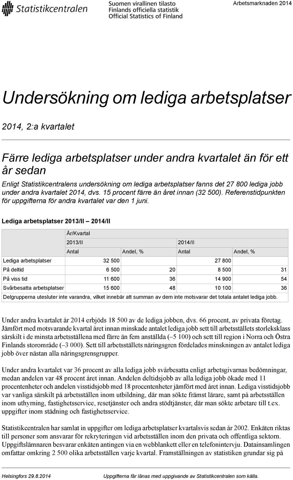 Lediga arbetsplatser Antal Andel, % Antal Andel, % Lediga arbetsplatser På deltid 6 500 20 8 500 På viss tid 11 600 36 14 900 Svårbesatta arbetsplatser 15 600 48 10 100 Delgrupperna utesluter inte