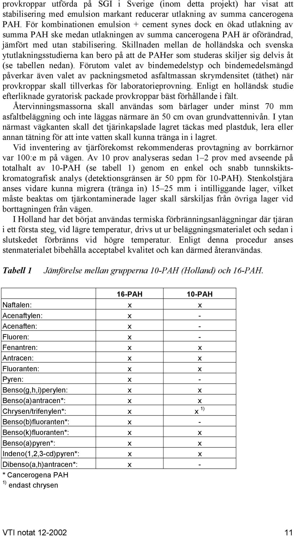 Skillnaden mellan de holländska och svenska ytutlakningsstudierna kan bero på att de PAHer som studeras skiljer sig delvis åt (se tabellen nedan).