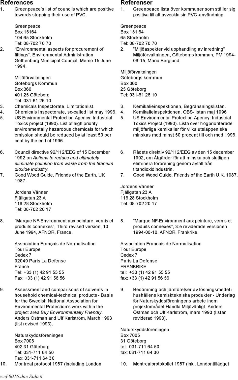 Environmental aspects for procurement of fittings. Environmental Administration, Gothenburg Municipal Council, Memo 15 June 1994.