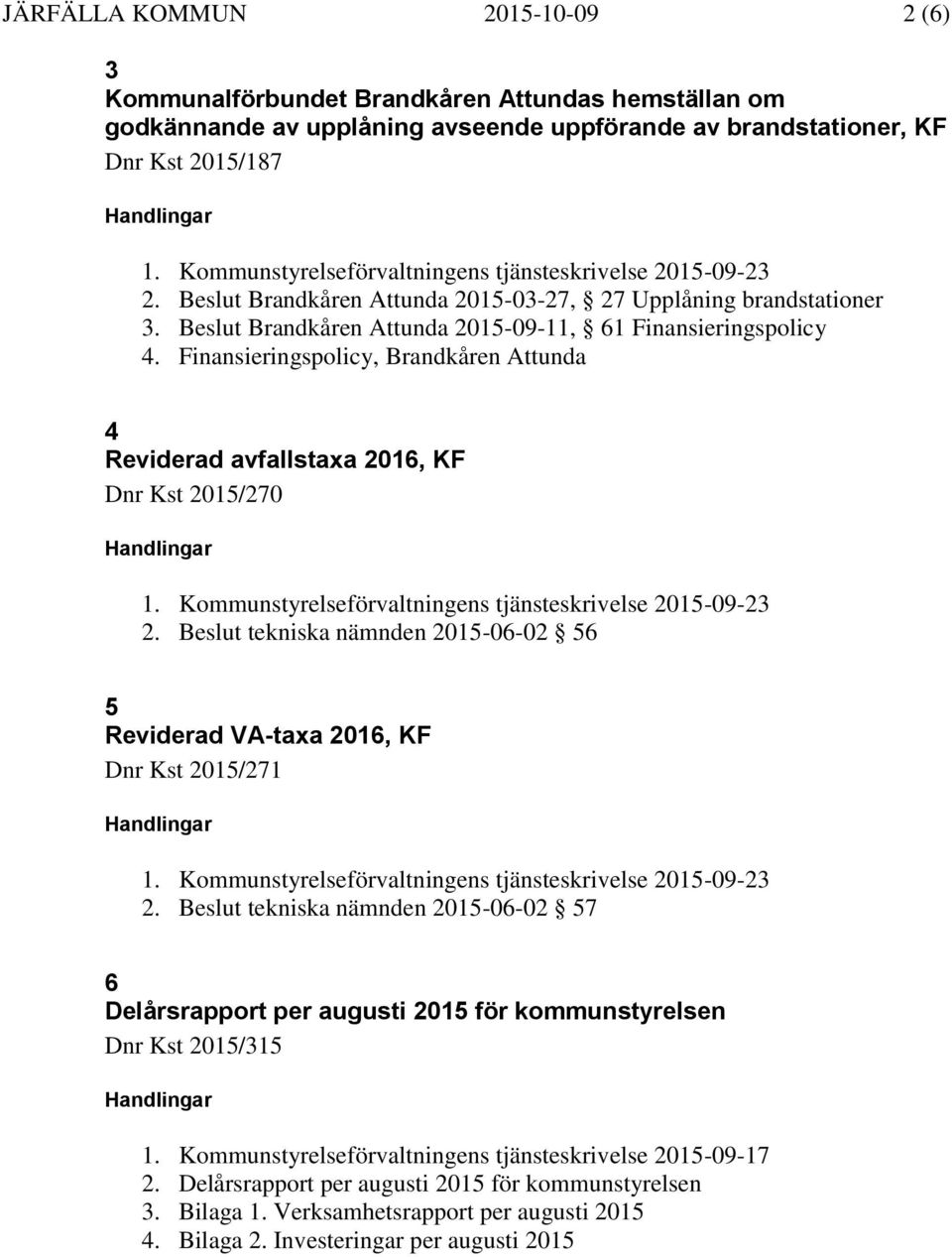 Finansieringspolicy, Brandkåren Attunda 4 Reviderad avfallstaxa 2016, KF Dnr Kst 2015/270 2. Beslut tekniska nämnden 2015-06-02 56 5 Reviderad VA-taxa 2016, KF Dnr Kst 2015/271 2.