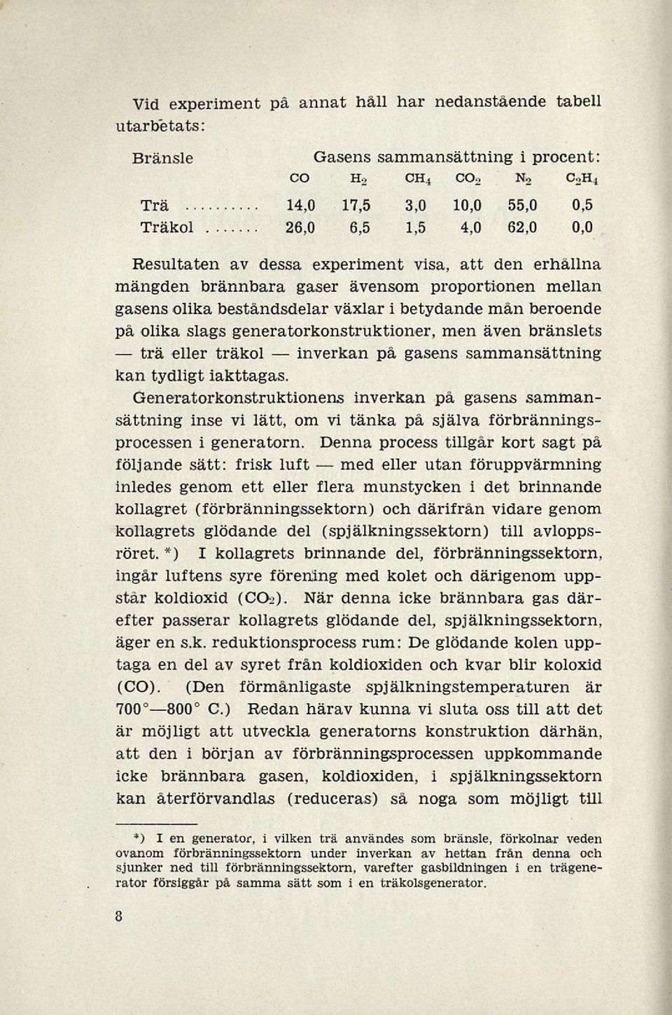 generatorkonstruktioner, men även bränslets eller träkol på gasens sammansättning kan tydligt iakttagas.