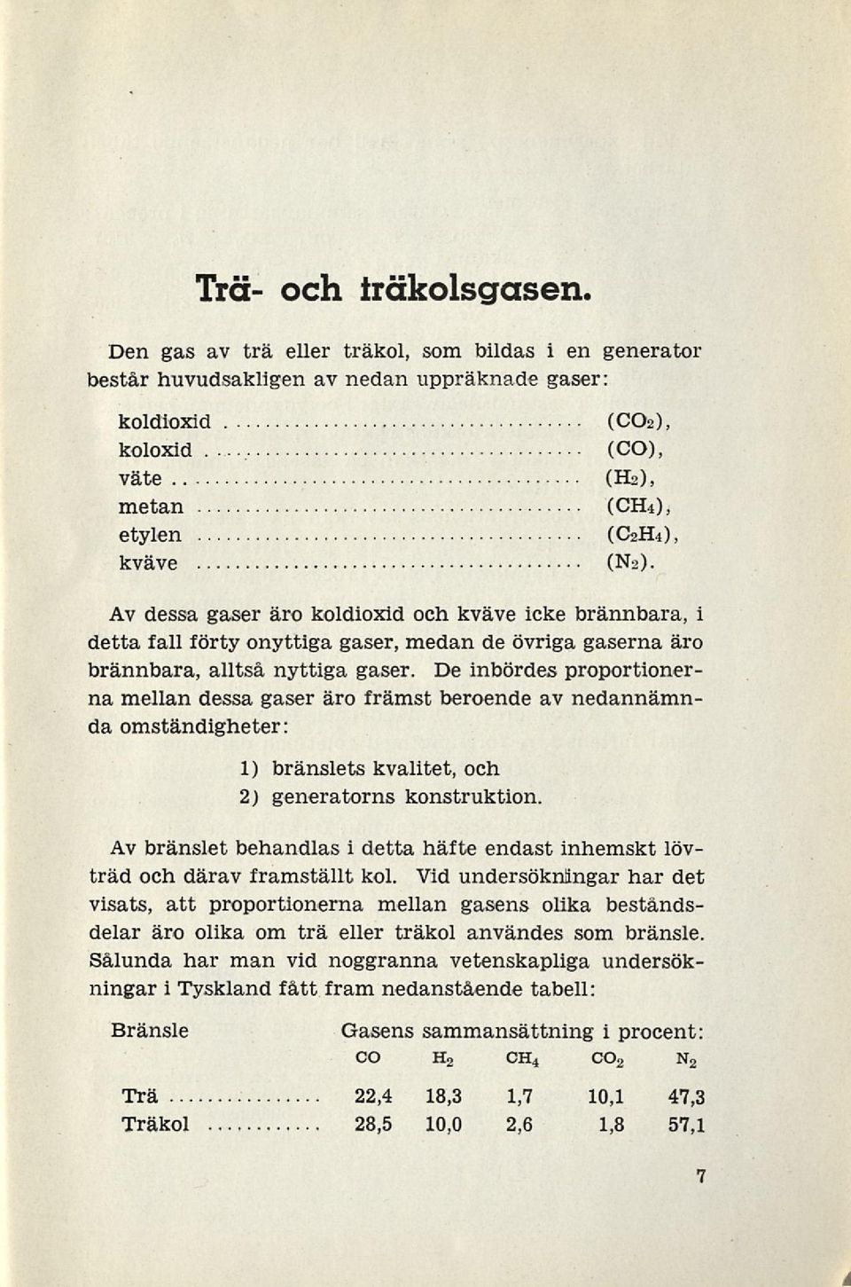 Av dessa gaser äro koldioxid och kväve icke brännbara, i detta fall förty onyttiga gaser, medan de övriga gaserna äro brännbara, alltså nyttiga gaser.