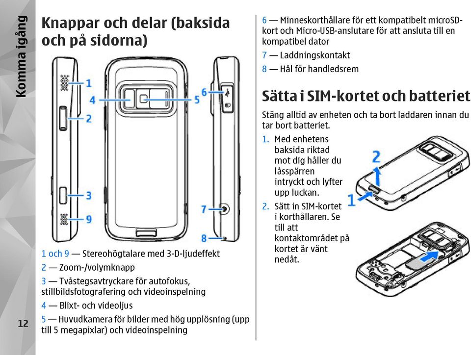 Micro-USB-anslutare för att ansluta till en kompatibel dator 7 Laddningskontakt 8 Hål för handledsrem Sätta i SIM-kortet och batteriet Stäng alltid av enheten och ta bort laddaren innan du