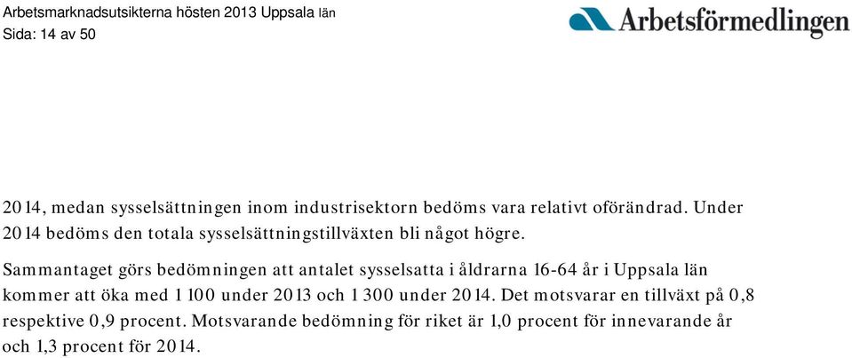 Sammantaget görs bedömningen att antalet sysselsatta i åldrarna 16-64 år i Uppsala län kommer att öka med 1 100