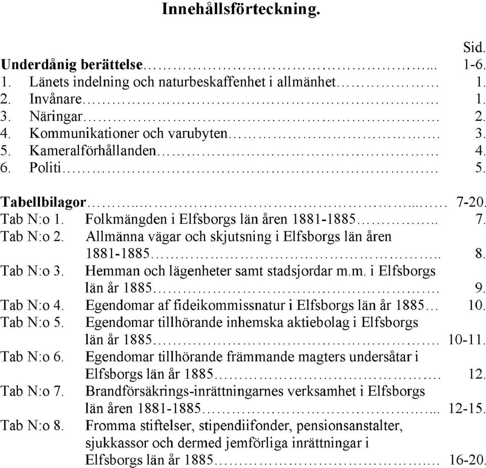 Tab N:o 3. Hemman och lägenheter samt stadsjordar m.m. i Elfsborgs län år 1885. 9. Tab N:o 4. Egendomar af fideikommissnatur i Elfsborgs län år 1885 10. Tab N:o 5.