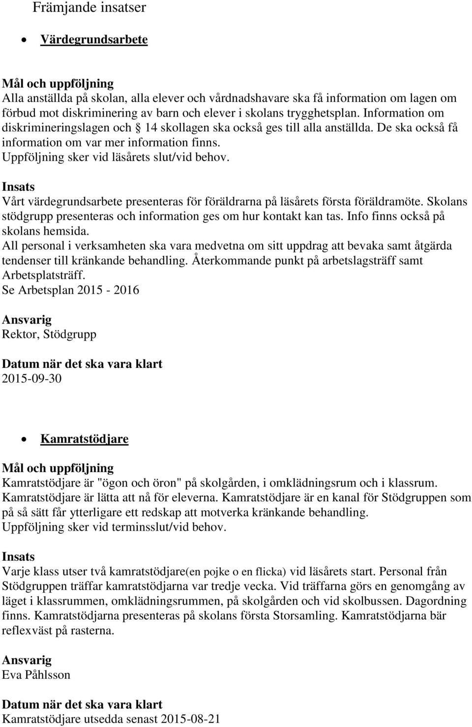 Vårt värdegrundsarbete presenteras för föräldrarna på läsårets första föräldramöte. Skolans stödgrupp presenteras och information ges om hur kontakt kan tas. Info finns också på skolans hemsida.