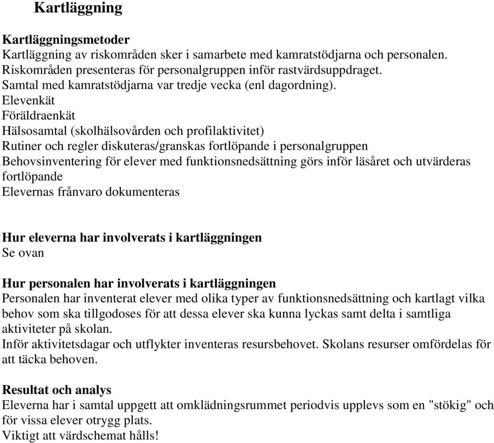 Elevenkät Föräldraenkät Hälsosamtal (skolhälsovården och profilaktivitet) Rutiner och regler diskuteras/granskas fortlöpande i personalgruppen Behovsinventering för elever med funktionsnedsättning