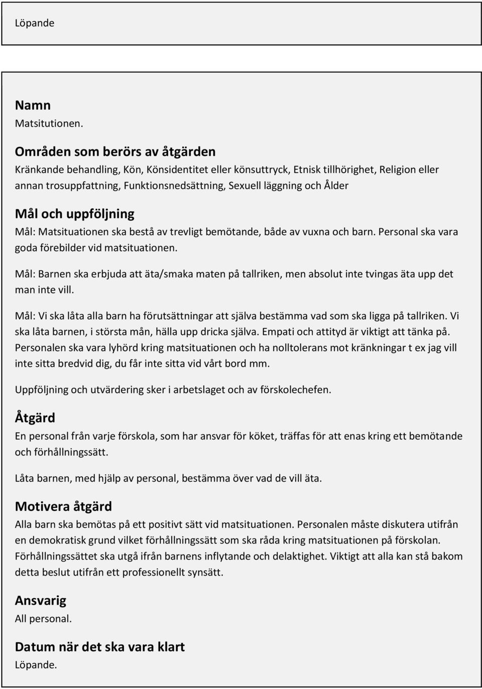 Mål: Vi ska låta alla barn ha förutsättningar att själva bestämma vad som ska ligga på tallriken. Vi ska låta barnen, i största mån, hälla upp dricka själva.