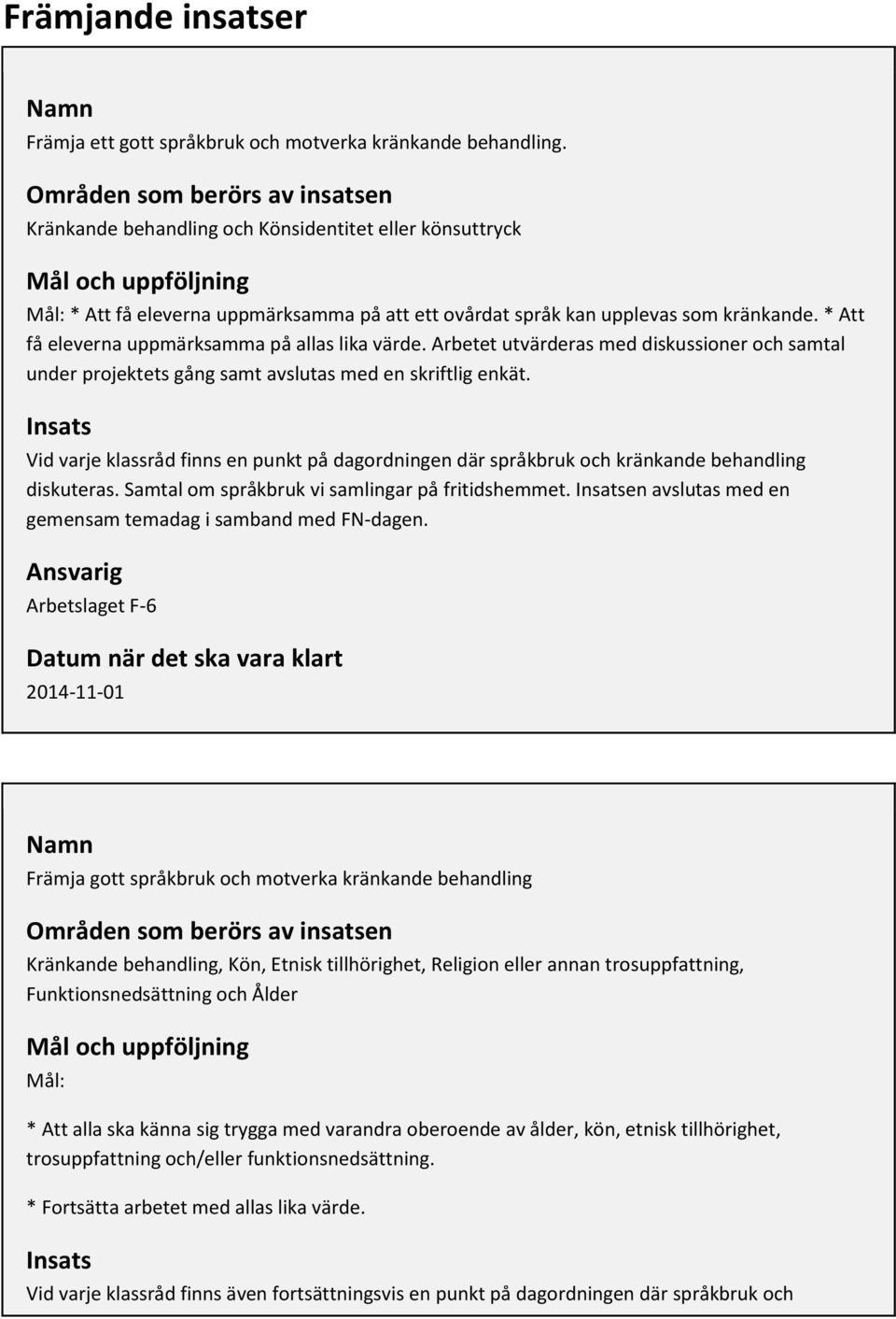 * Att få eleverna uppmärksamma på allas lika värde. Arbetet utvärderas med diskussioner och samtal under projektets gång samt avslutas med en skriftlig enkät.
