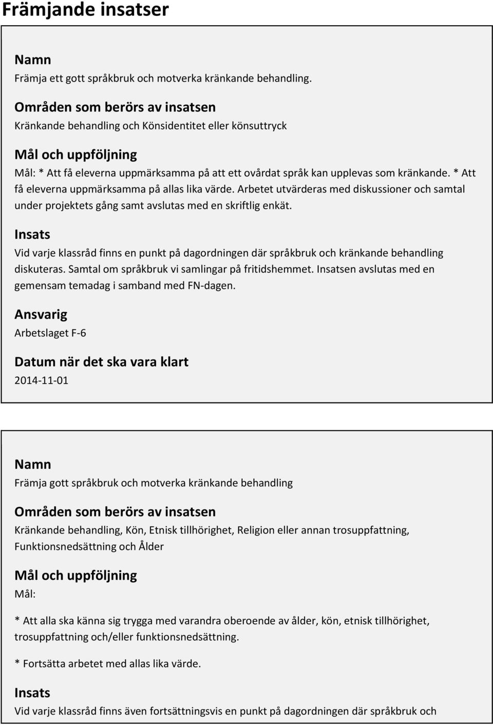 * Att få eleverna uppmärksamma på allas lika värde. Arbetet utvärderas med diskussioner och samtal under projektets gång samt avslutas med en skriftlig enkät.