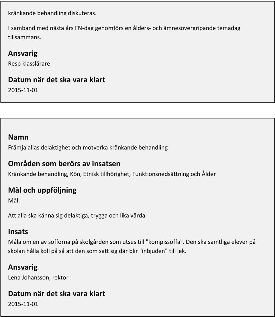 behandling, Kön, Etnisk tillhörighet, Funktionsnedsättning och Ålder Mål och uppföljning Mål: Att alla ska känna sig delaktiga, trygga och lika värda.