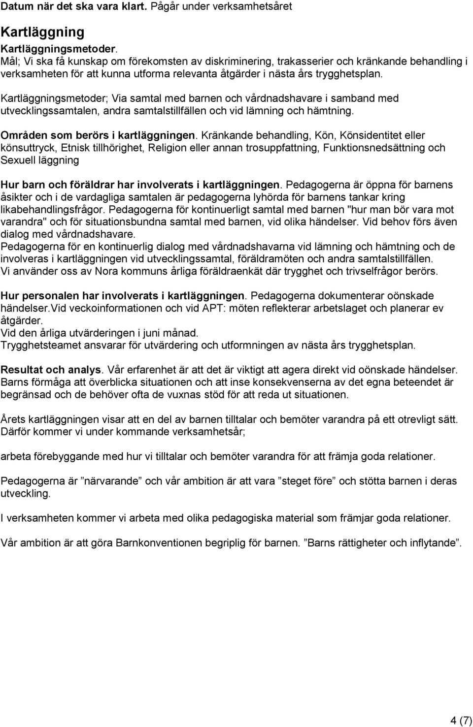 Kartläggningsmetoder; Via samtal med barnen och vårdnadshavare i samband med utvecklingssamtalen, andra samtalstillfällen och vid lämning och hämtning. Områden som berörs i kartläggningen.