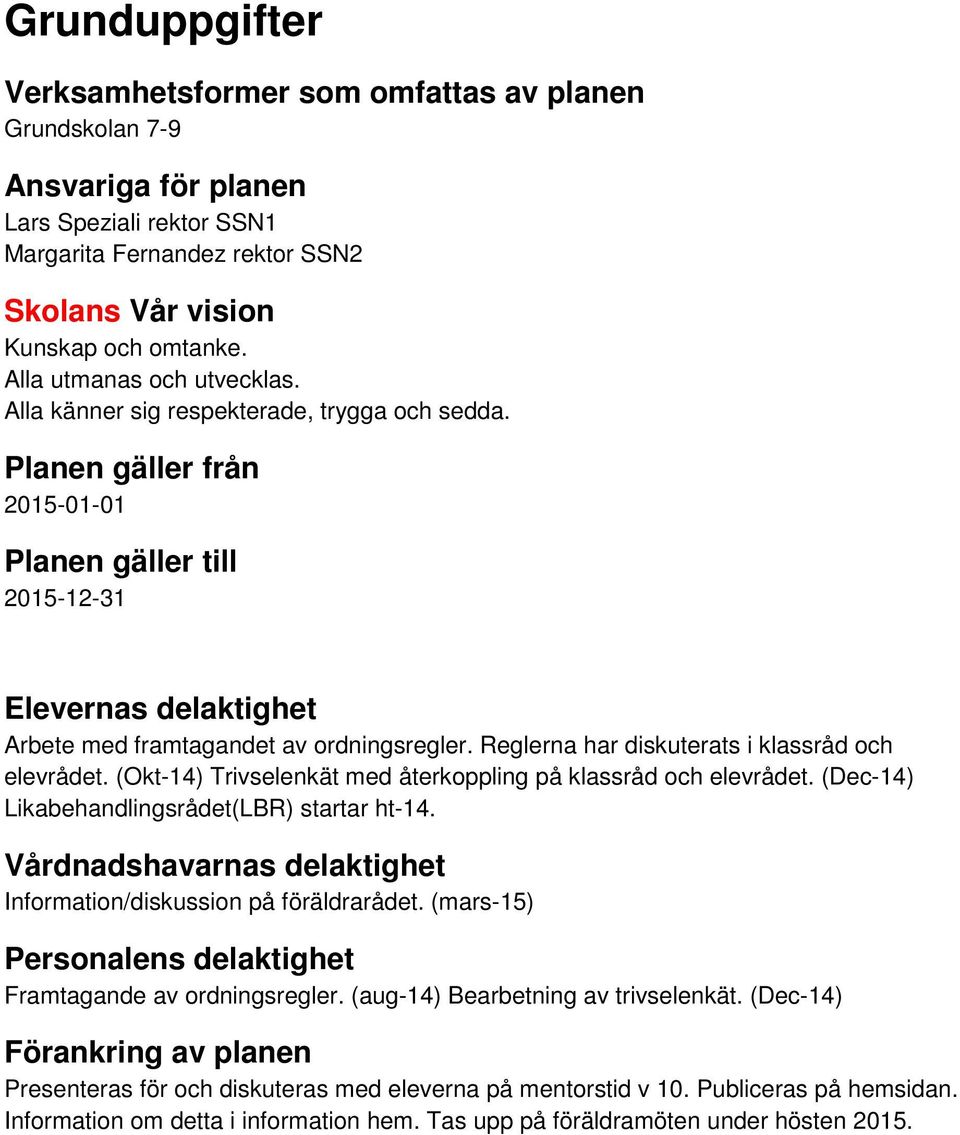 Reglerna har diskuterats i klassråd och elevrådet. (Okt-14) Trivselenkät med återkoppling på klassråd och elevrådet. (Dec-14) Likabehandlingsrådet(LBR) startar ht-14.