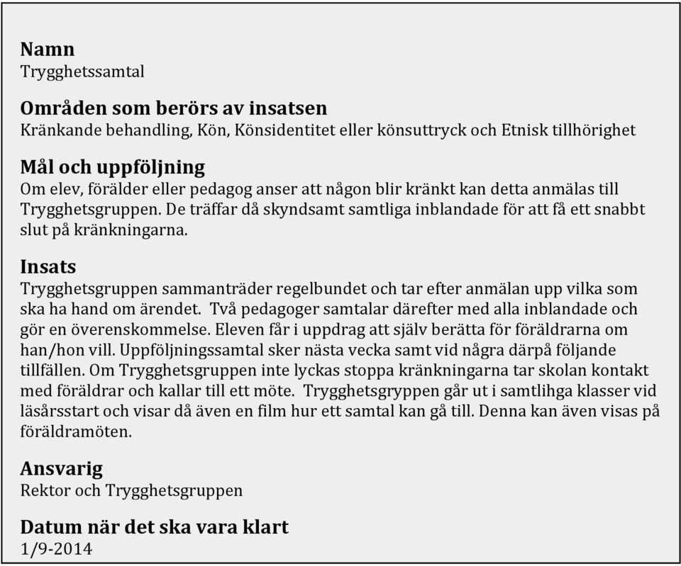 Insats Trygghetsgruppen sammanträder regelbundet och tar efter anmälan upp vilka som ska ha hand om ärendet. Två pedagoger samtalar därefter med alla inblandade och gör en överenskommelse.