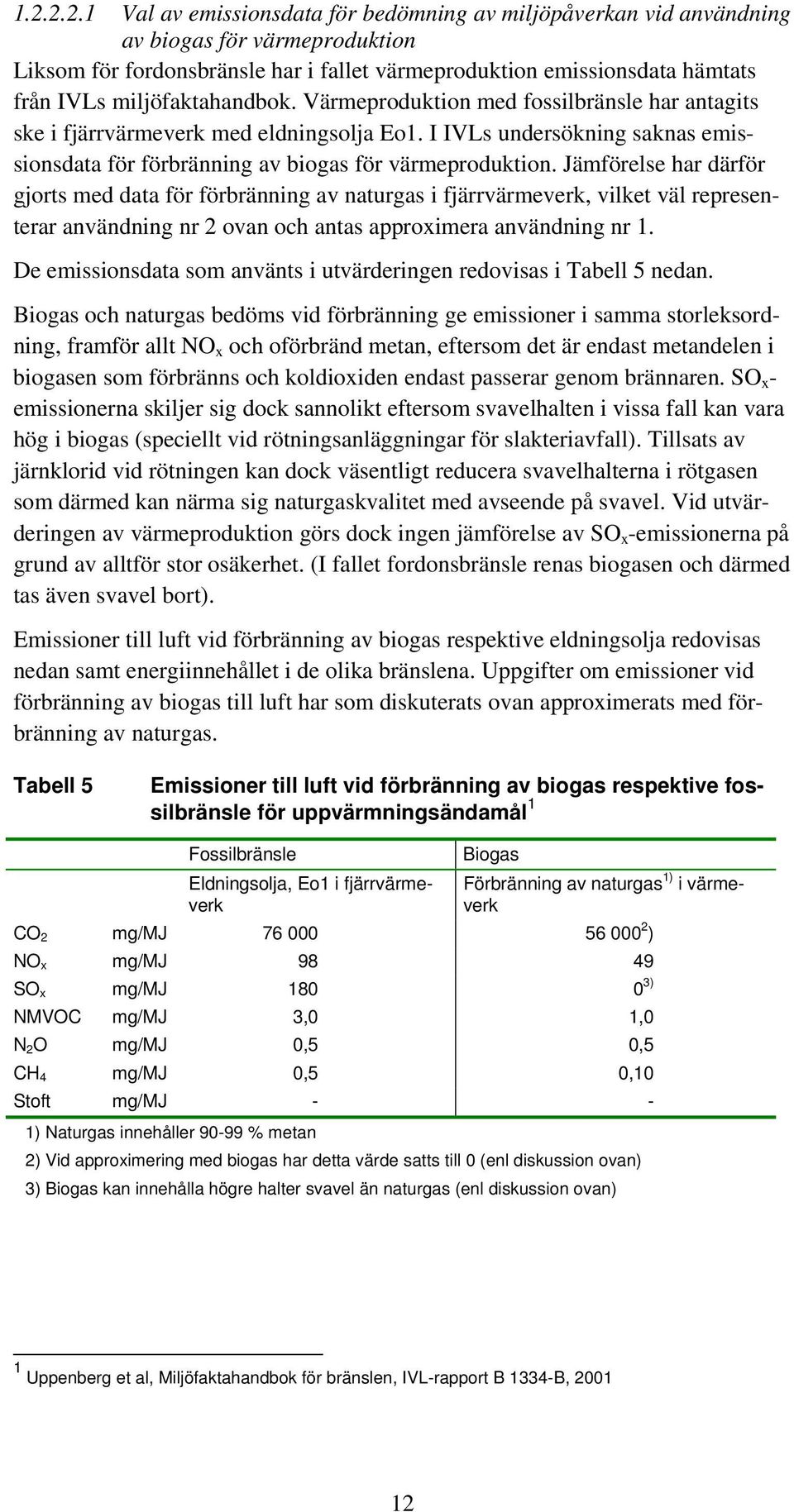 Jämförelse har därför gjorts med data för förbränning av naturgas i fjärrvärmeverk, vilket väl representerar användning nr 2 ovan och antas approximera användning nr 1.