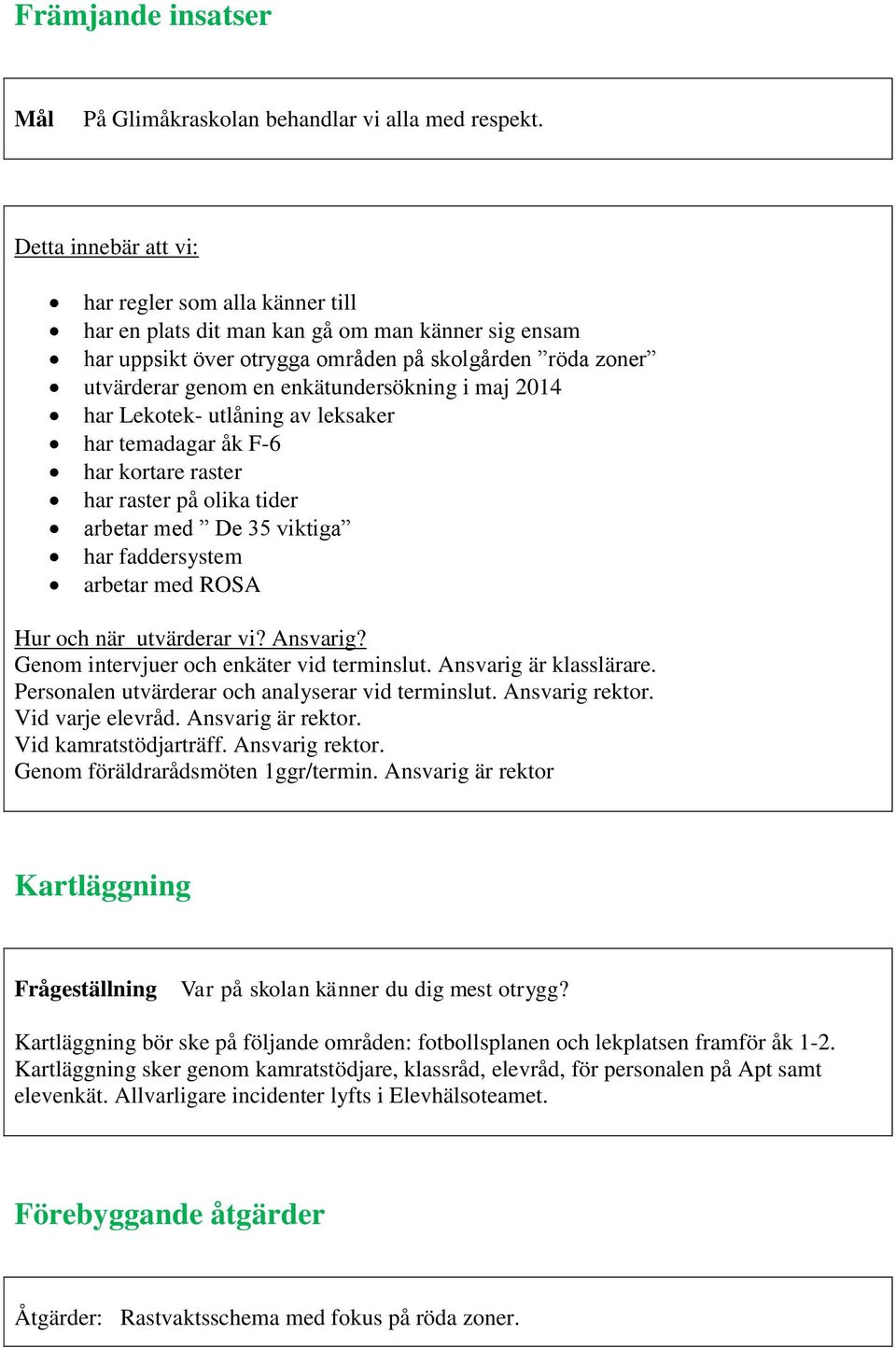 enkätundersökning i maj 2014 har Lekotek- utlåning av leksaker har temadagar åk F-6 har kortare raster har raster på olika tider arbetar med De 35 viktiga har faddersystem arbetar med ROSA Hur och