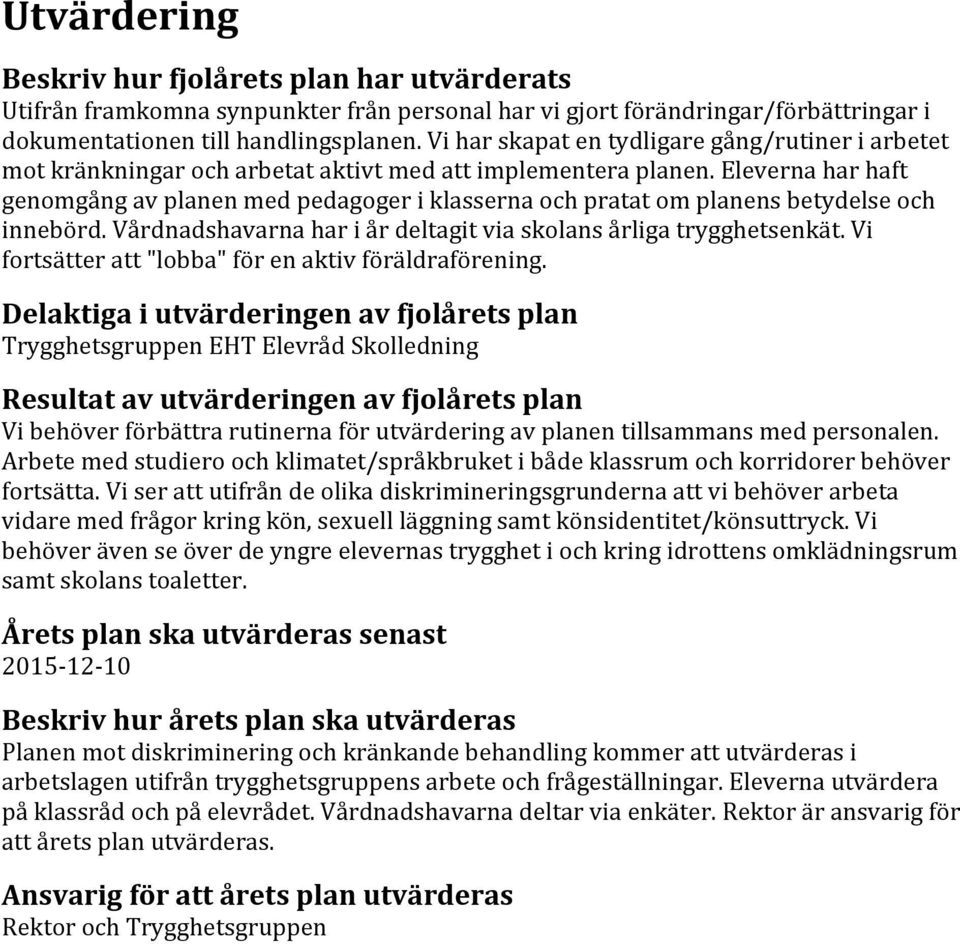 Eleverna har haft genomgång av planen med pedagoger i klasserna och pratat om planens betydelse och innebörd. Vårdnadshavarna har i år deltagit via skolans årliga trygghetsenkät.