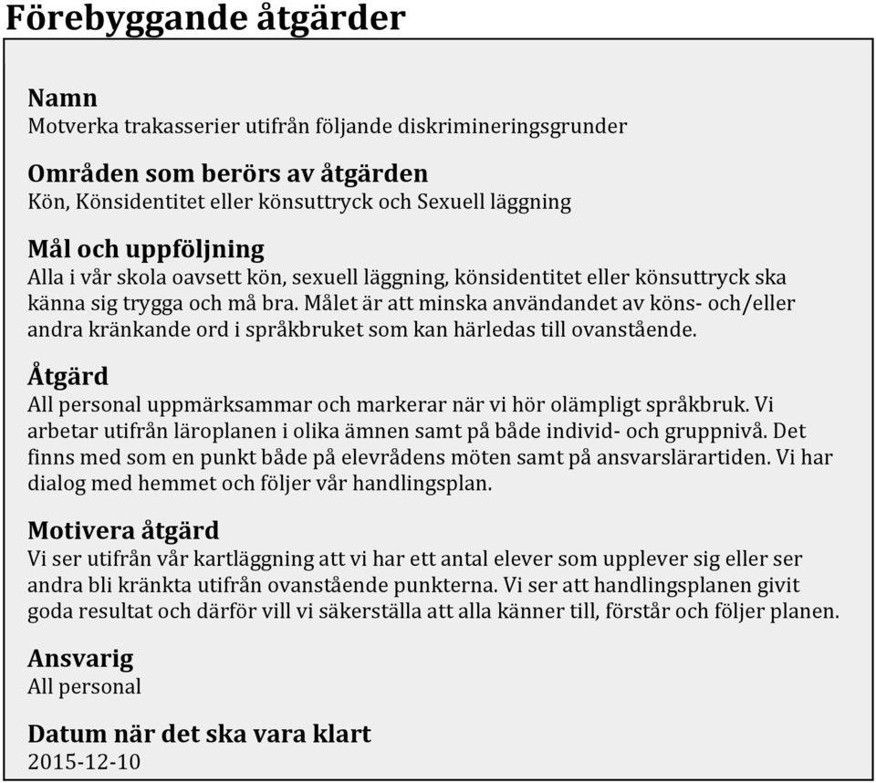 Målet är att minska användandet av köns- och/eller andra kränkande ord i språkbruket som kan härledas till ovanstående. Åtgärd All personal uppmärksammar och markerar när vi hör olämpligt språkbruk.