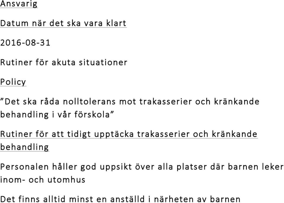 tidigt upptäcka trakasserier och kränkande behandling Personalen håller god uppsikt över