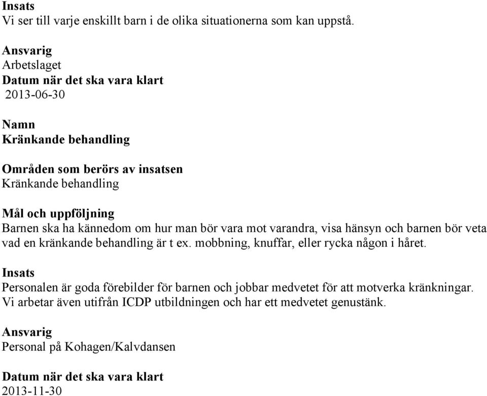 om hur man bör vara mot varandra, visa hänsyn och barnen bör veta vad en kränkande behandling är t ex. mobbning, knuffar, eller rycka någon i håret.