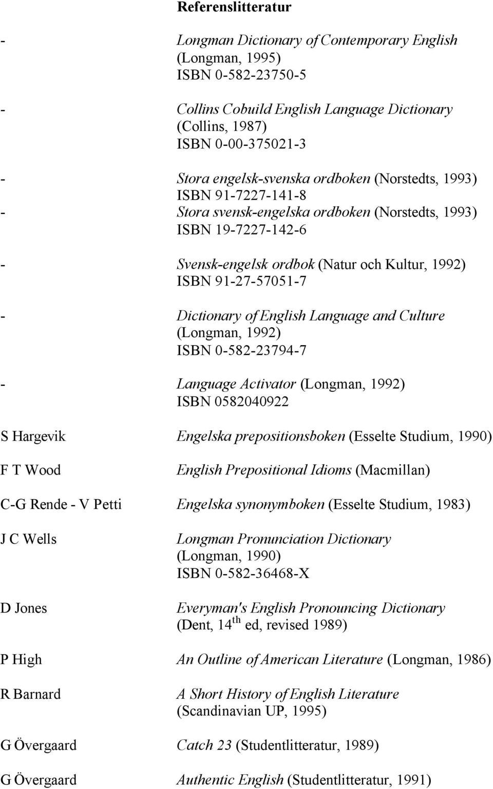 - Dictionary of English Language and Culture (Longman, 1992) ISBN 0-582-23794-7 - Language Activator (Longman, 1992) ISBN 0582040922 S Hargevik Engelska prepositionsboken (Esselte Studium, 1990) F T