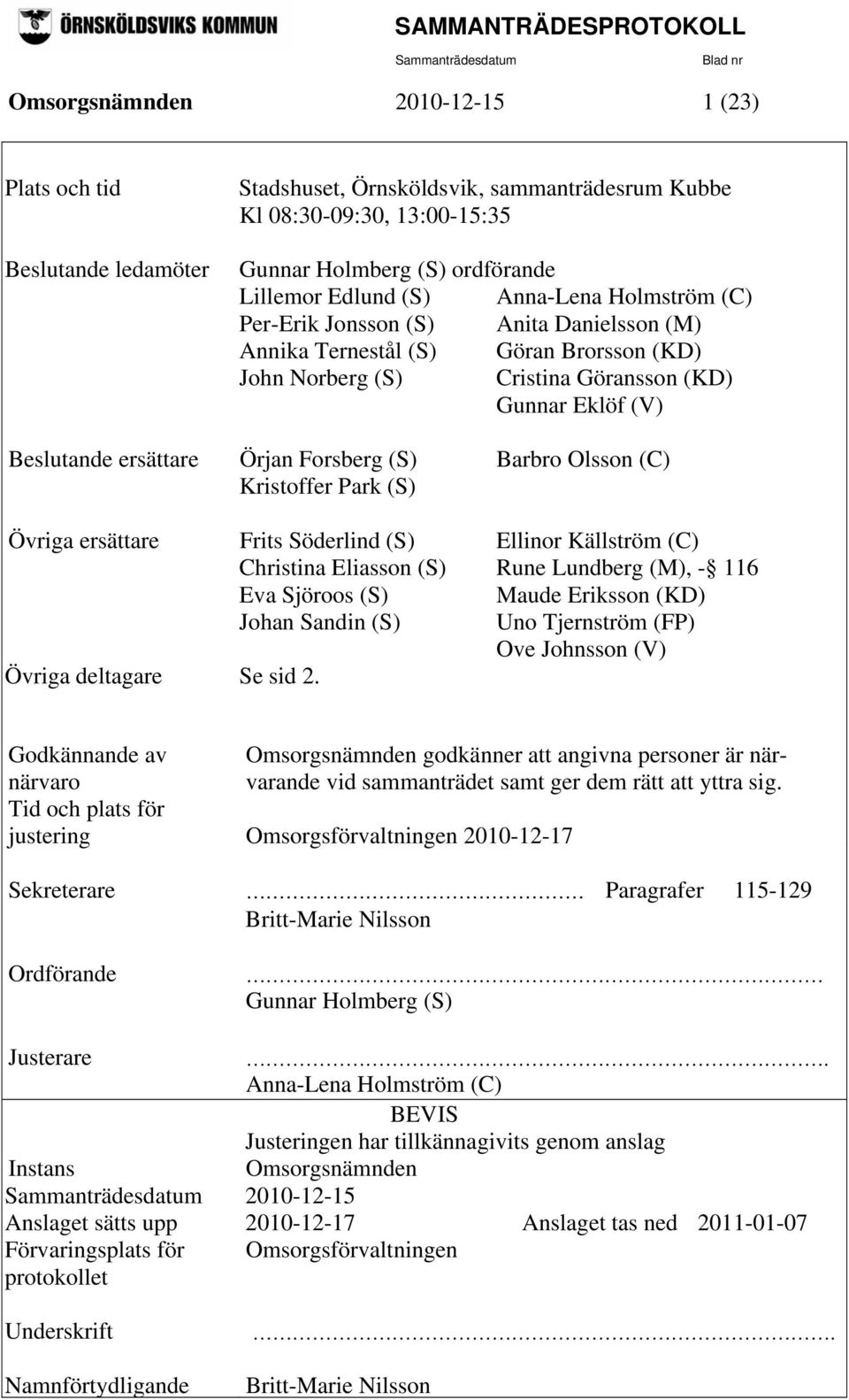 Forsberg (S) Barbro Olsson (C) Kristoffer Park (S) Övriga ersättare Frits Söderlind (S) Ellinor Källström (C) Christina Eliasson (S) Rune Lundberg (M), - 116 Eva Sjöroos (S) Maude Eriksson (KD) Johan