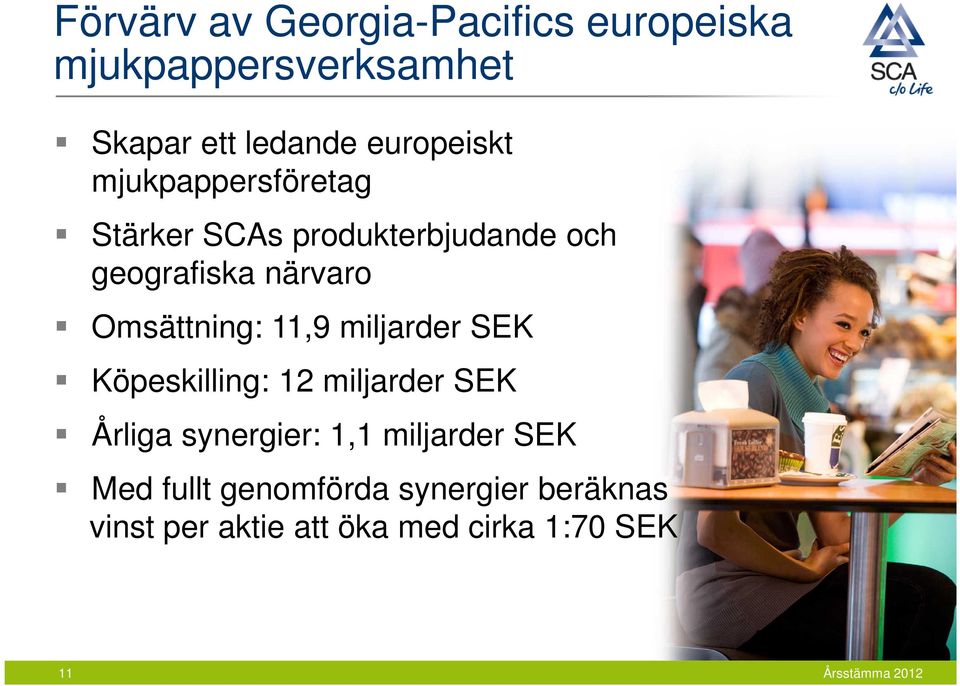 Omsättning: 11,9 miljarder SEK Köpeskilling: 12 miljarder SEK Årliga synergier: 1,1
