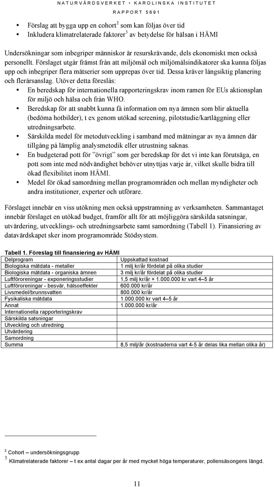Dessa kräver långsiktig planering och flerårsanslag. Utöver detta föreslås: En beredskap för internationella rapporteringskrav inom ramen för EUs aktionsplan för miljö och hälsa och från WHO.