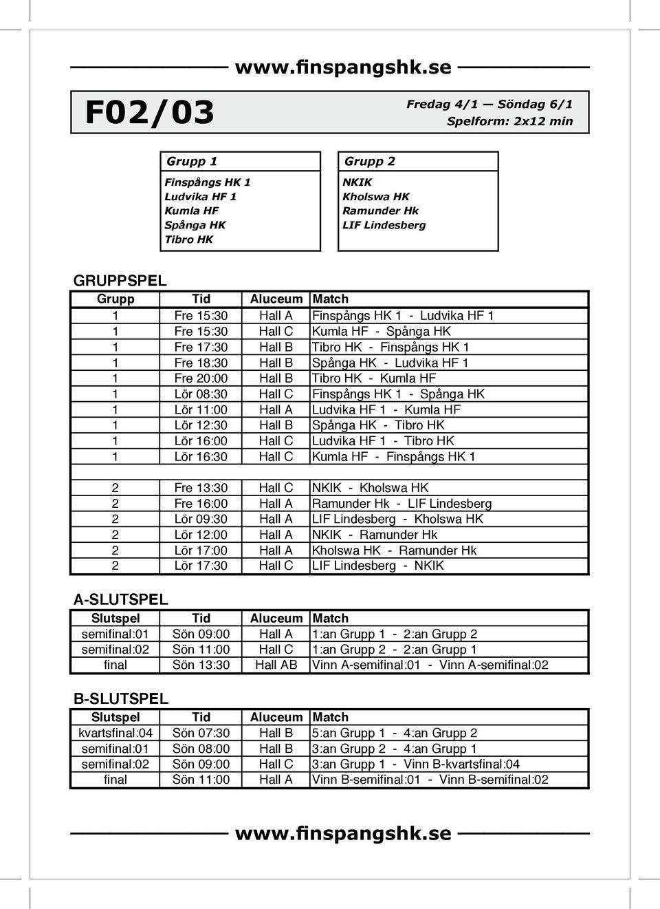 NKIK Kholswa HK Ramunder Hk LIF Lindesberg Fredag 4/1 Söndag 6/1 GRUPPSPEL Grupp Tid Aluceum 1 Fre 15:30 Hall A Finspångs HK 1 - Ludvika HF 1 1 Fre 15:30 Hall C Kumla HF - Spånga HK 1 Fre 17:30 Hall