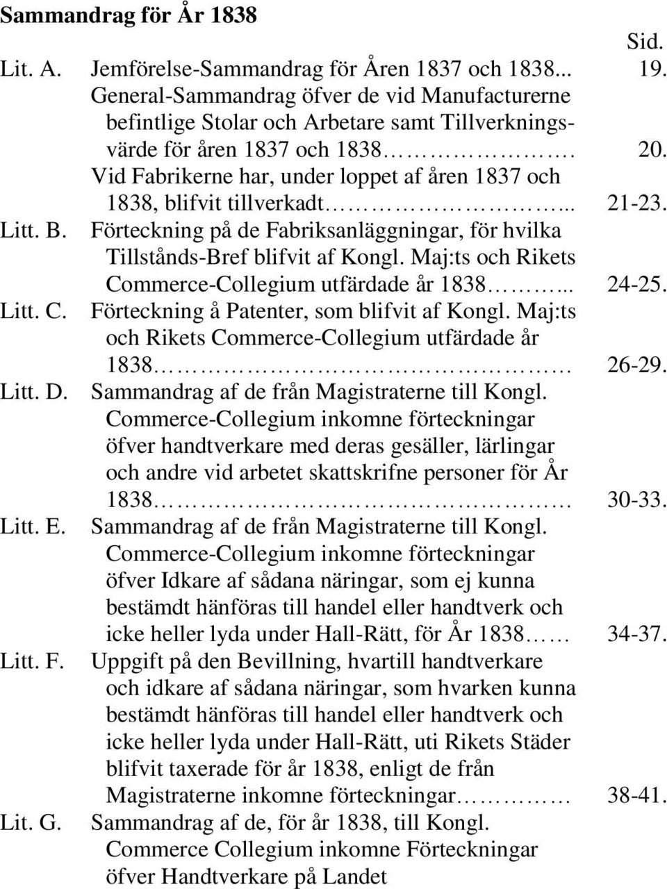 Vid Fabrikerne har, under loppet af åren 1837 och 1838, blifvit tillverkadt... 21-23. Litt. B. Förteckning på de Fabriksanläggningar, för hvilka Tillstånds-Bref blifvit af Kongl.