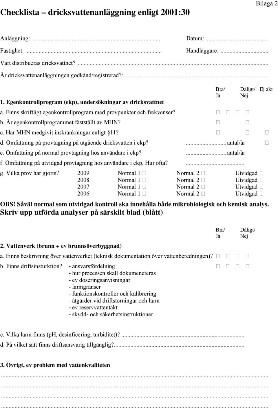 Har MHN medgivit inskränkningar enligt 11? d. Omfattning på provtagning på utgående dricksvatten i ekp?... antal/år e. Omfattning på normal provtagning hos användare i ekp?... antal/år f.