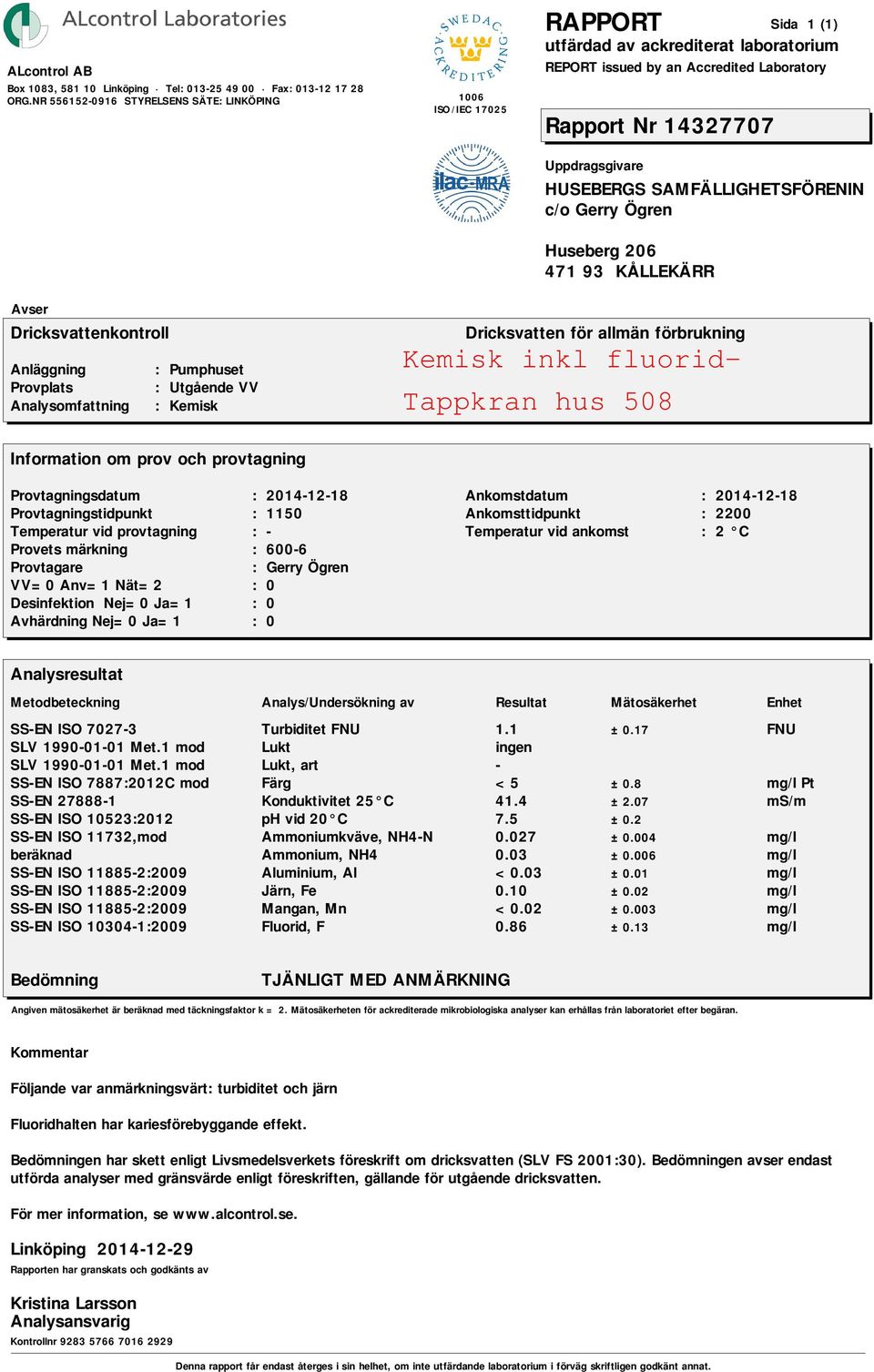 004 beräknad Ammonium, NH4 0.03 ±0.006 SS-EN ISO 11885-2:2009 Aluminium, Al <0.03 ±0.01 SS-EN ISO 11885-2:2009 Järn, Fe 0.10 ±0.02 SS-EN ISO 11885-2:2009 Mangan, Mn <0.02 ±0.