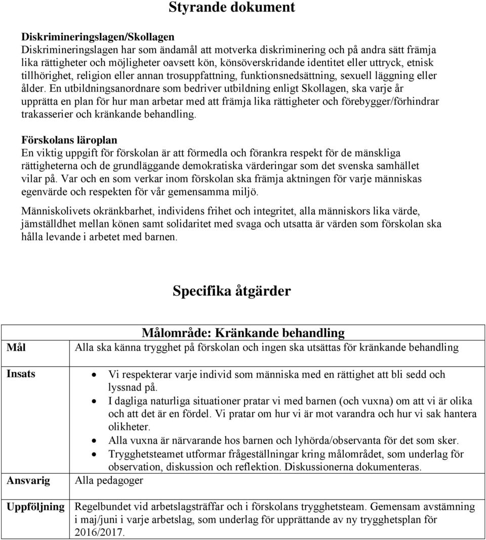 En utbildningsanordnare som bedriver utbildning enligt Skollagen, ska varje år upprätta en plan för hur man arbetar med att främja lika rättigheter och förebygger/förhindrar trakasserier och